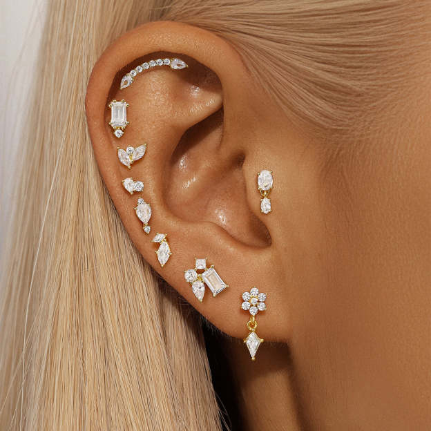 S925 Square Horse Eye Zircon Flower Leaf Splicing Studs Earring Series-Olarajewelry