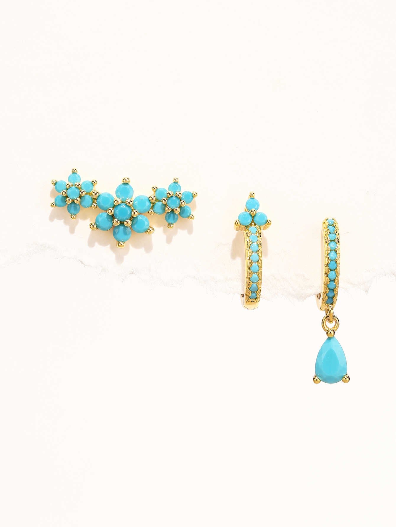 S925 Turquoise Flower Drop Hoop Earring Set-Olarajewelry