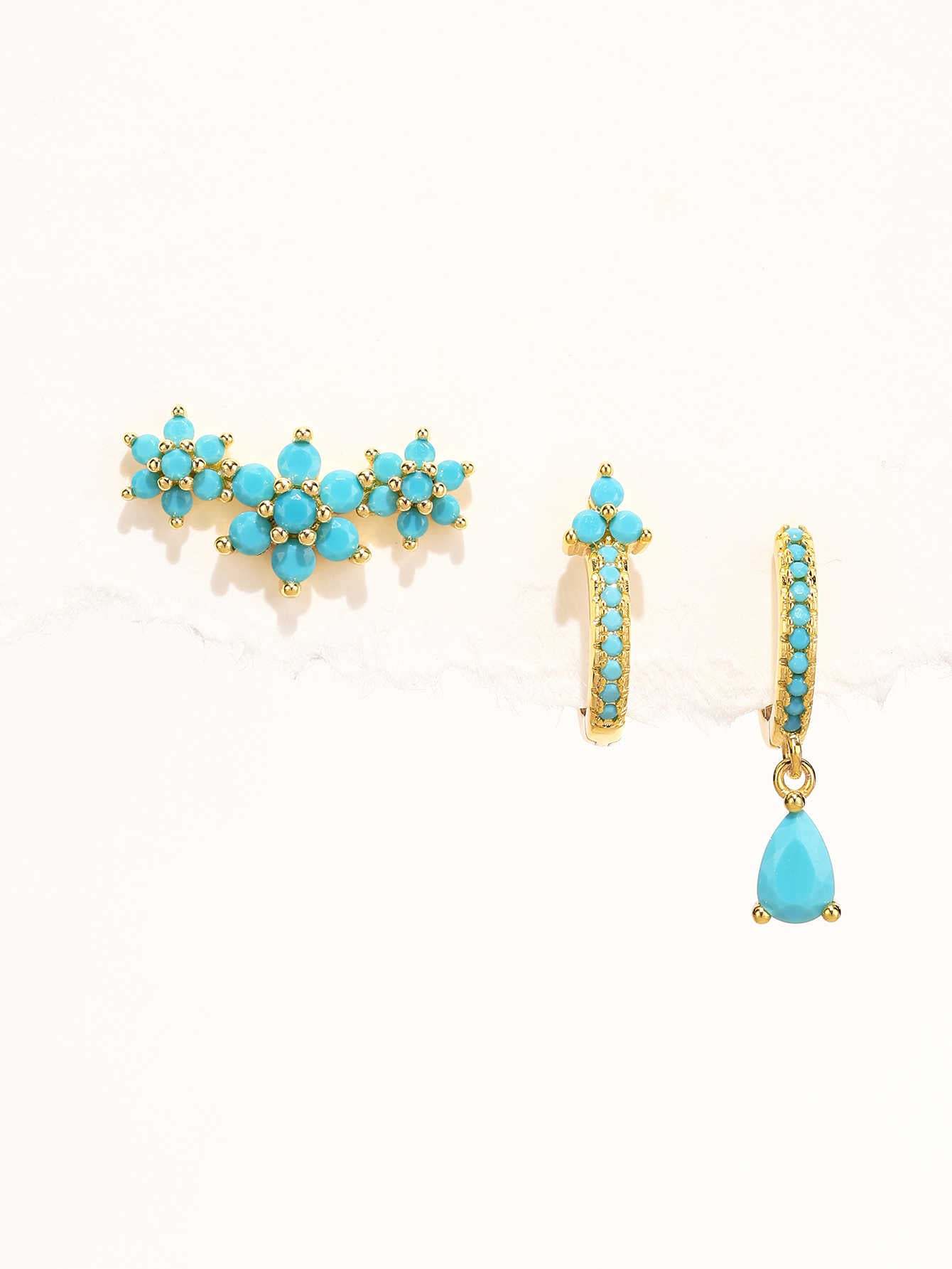S925 Turquoise Flower Drop Hoop Earring Set-Olarajewelry