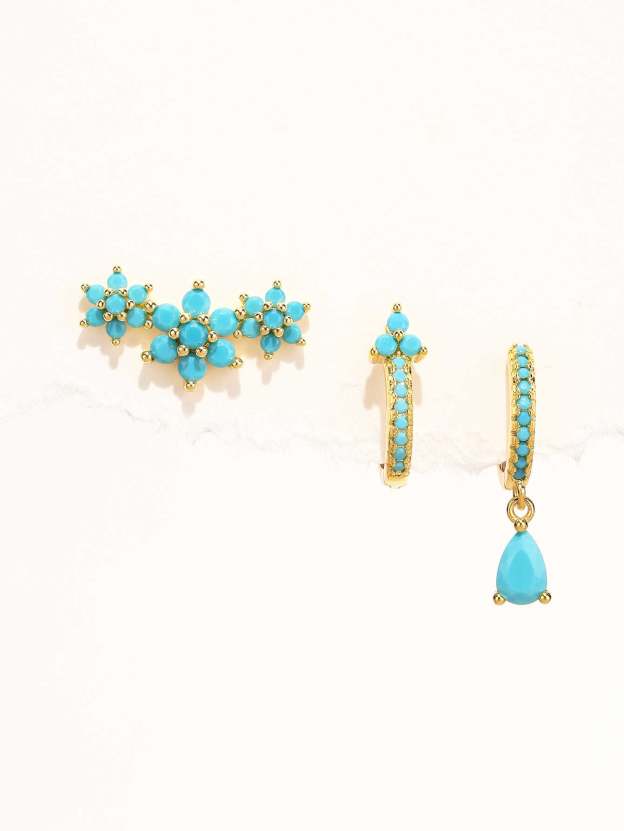 S925 Turquoise Flower Drop Hoop Earring Set-Olarajewelry