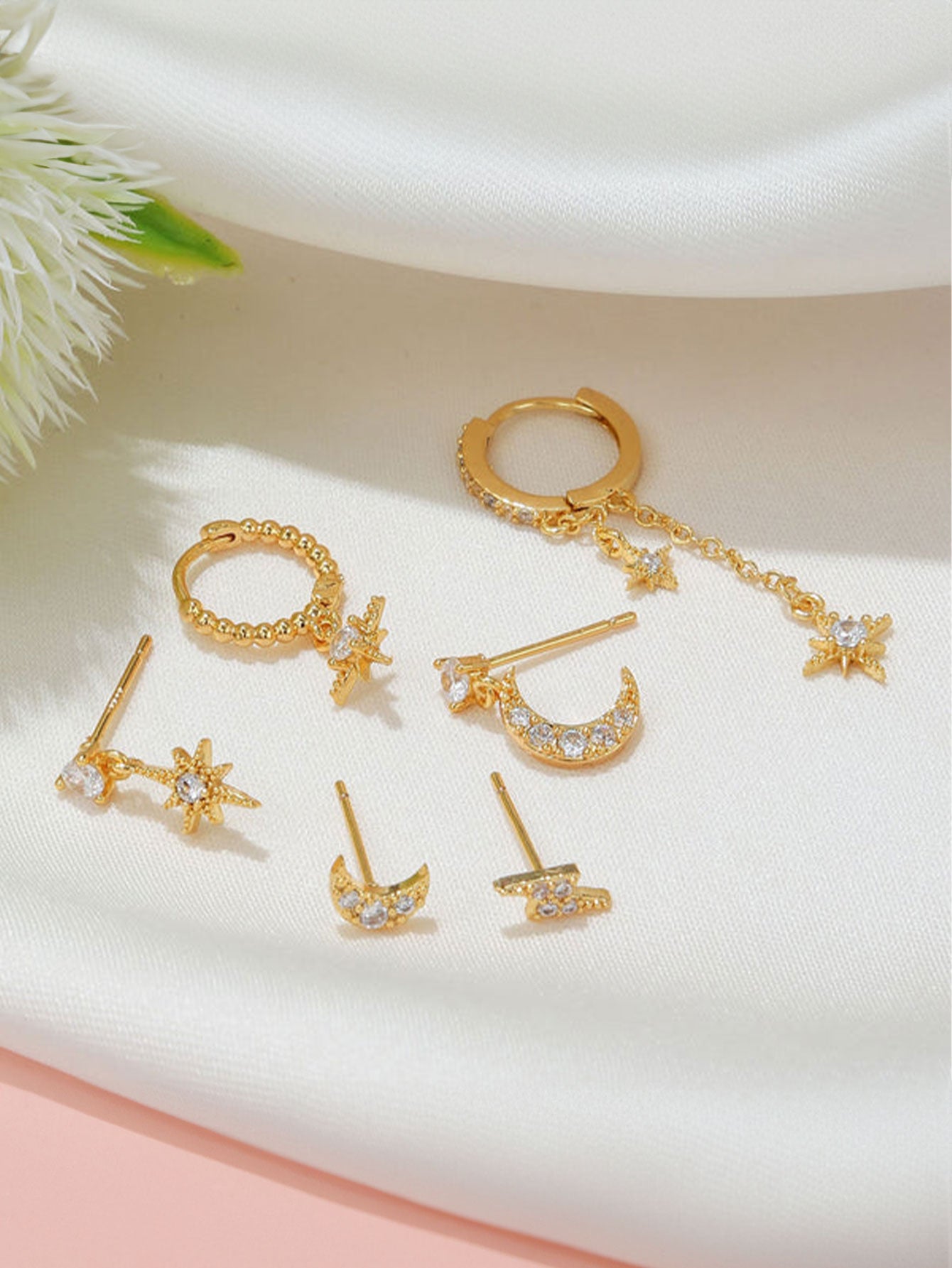 S925 Star and Moon Zircon Earring Set-Olarajewelry