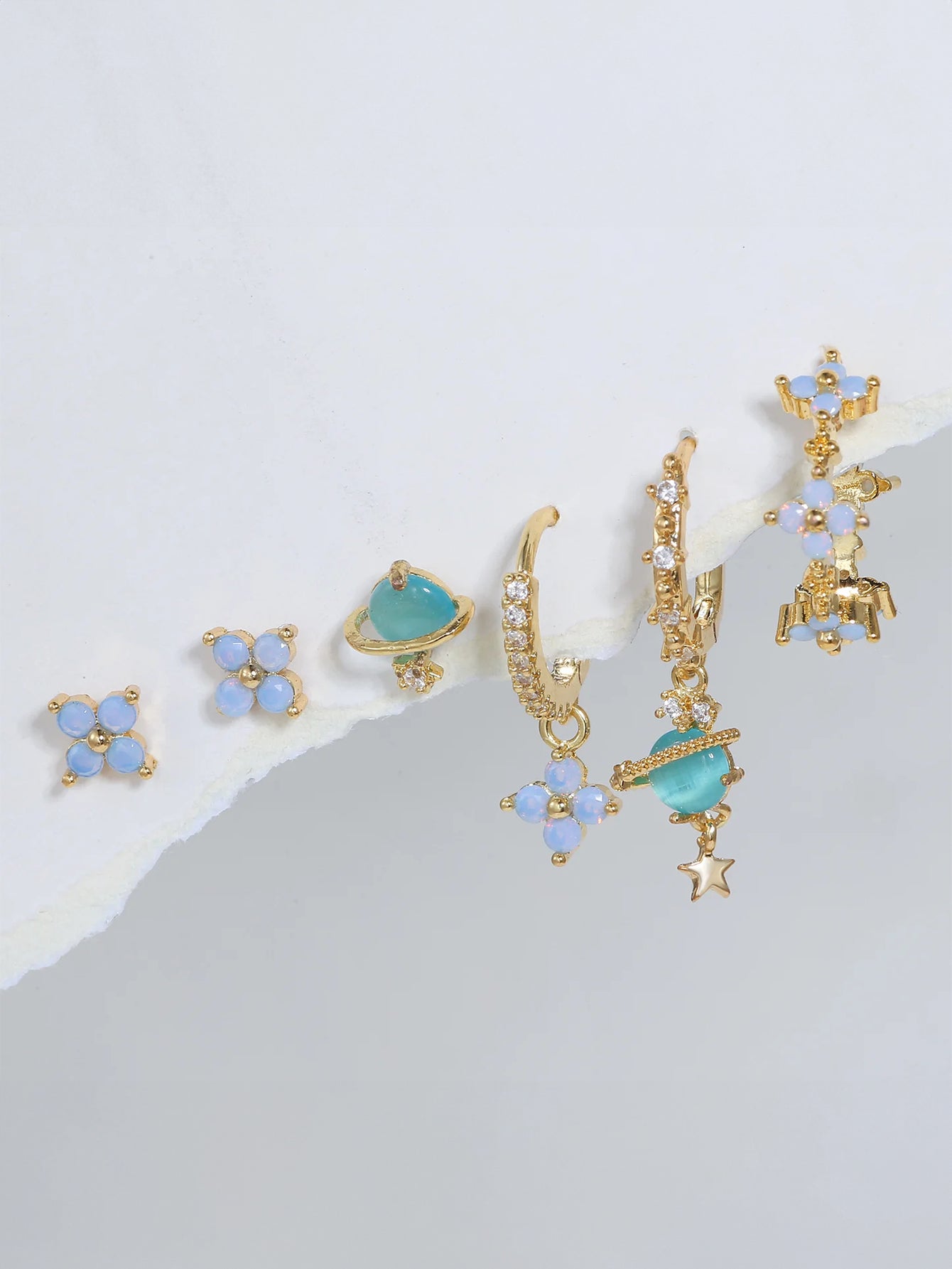 Olara Blue Opal Flower 6-Piece Earring Set-Olarajewelry