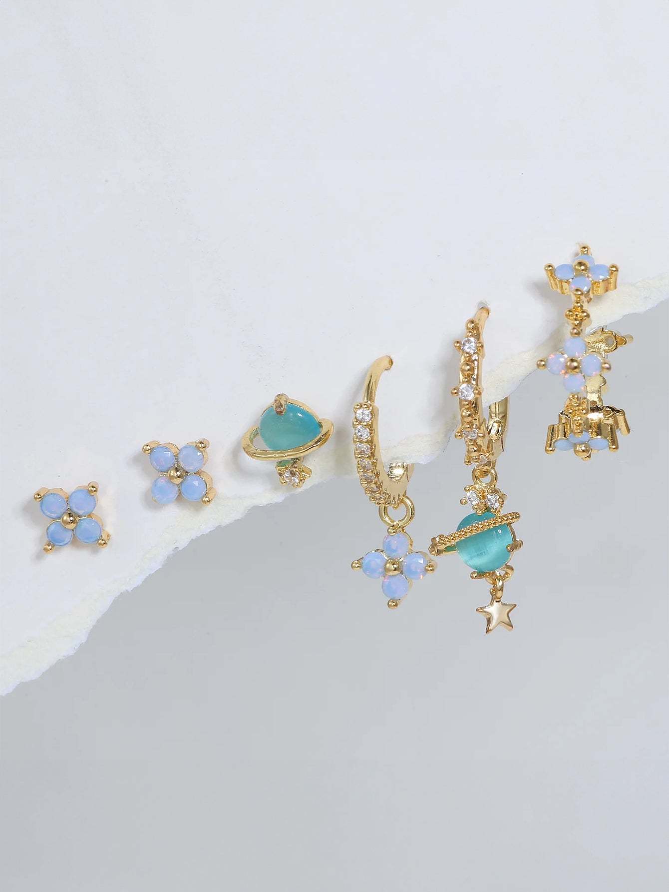 Olara Blue Opal Flower 6-Piece Earring Set-Olarajewelry