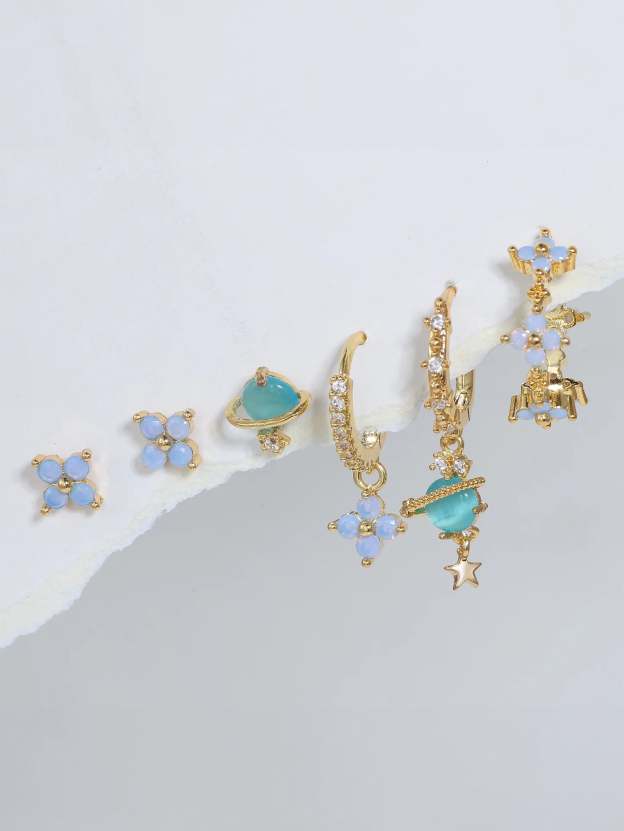 Olara Blue Opal Flower 6-Piece Earring Set-Olarajewelry