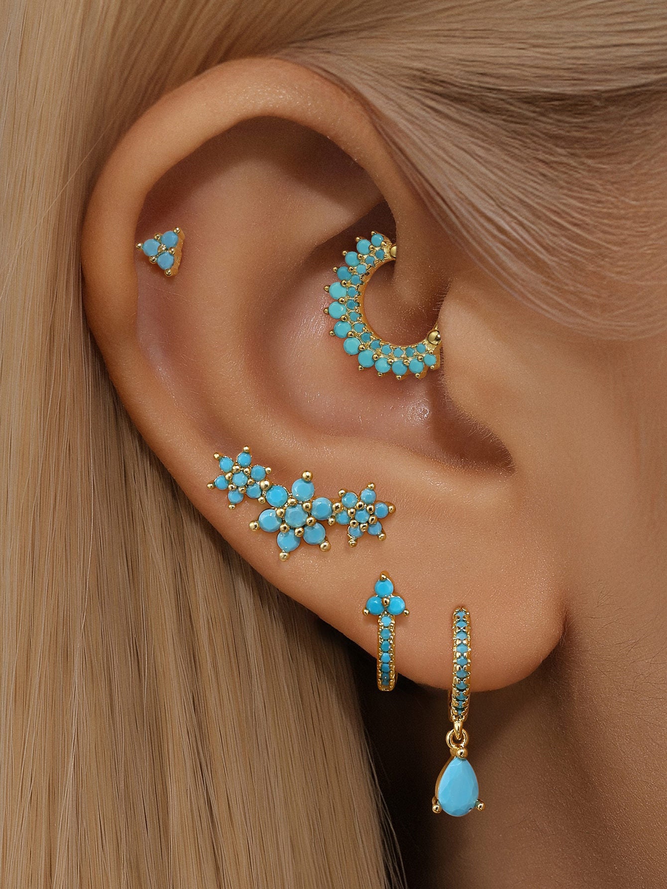 S925 6 Petals Turquoise Flowers Drop Hoop Earring Set-Olarajewelry