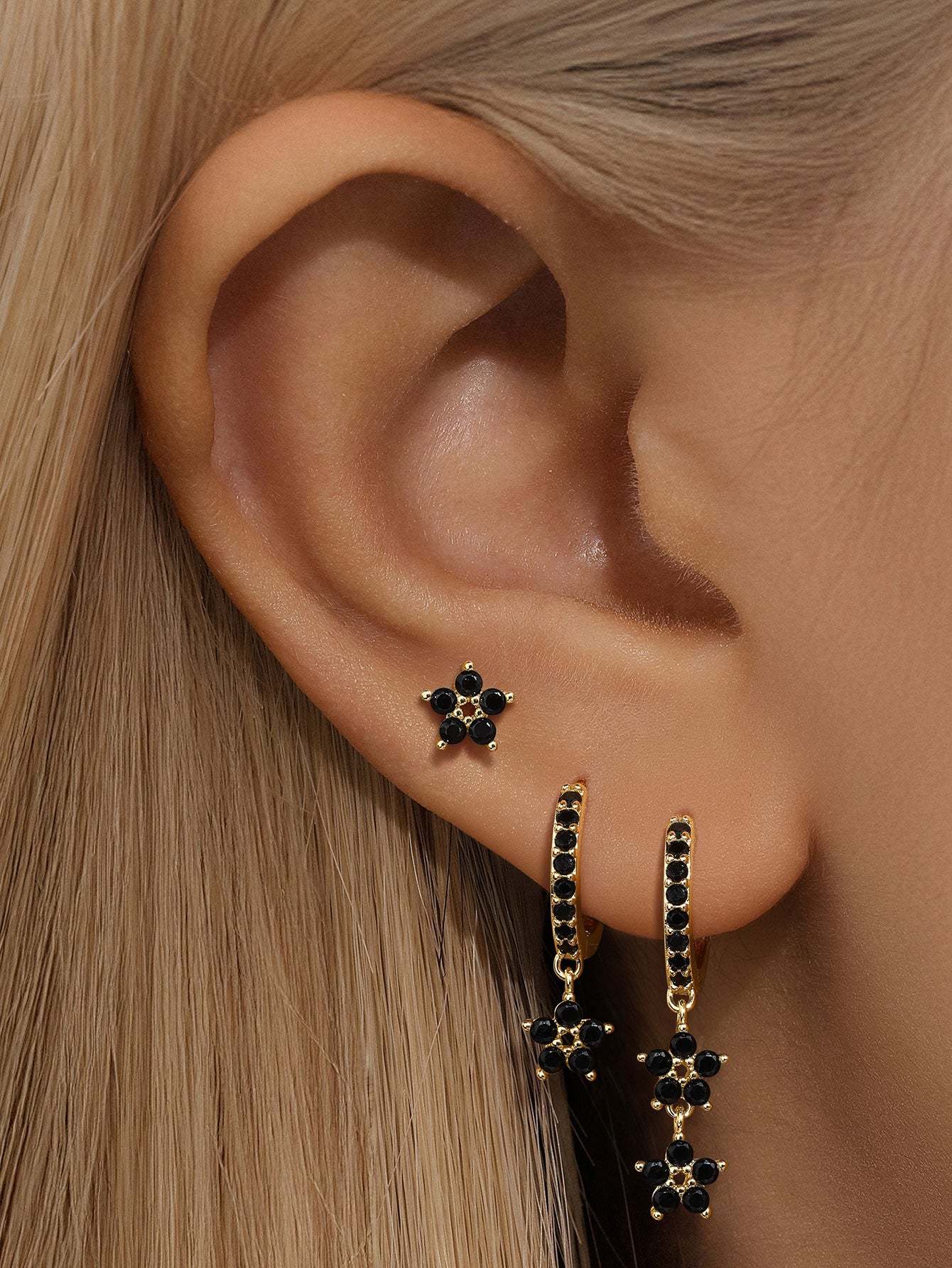 S925 Black Zirconia Flower Fashion Elegant Studs Hoops Earring-Olarajewelry