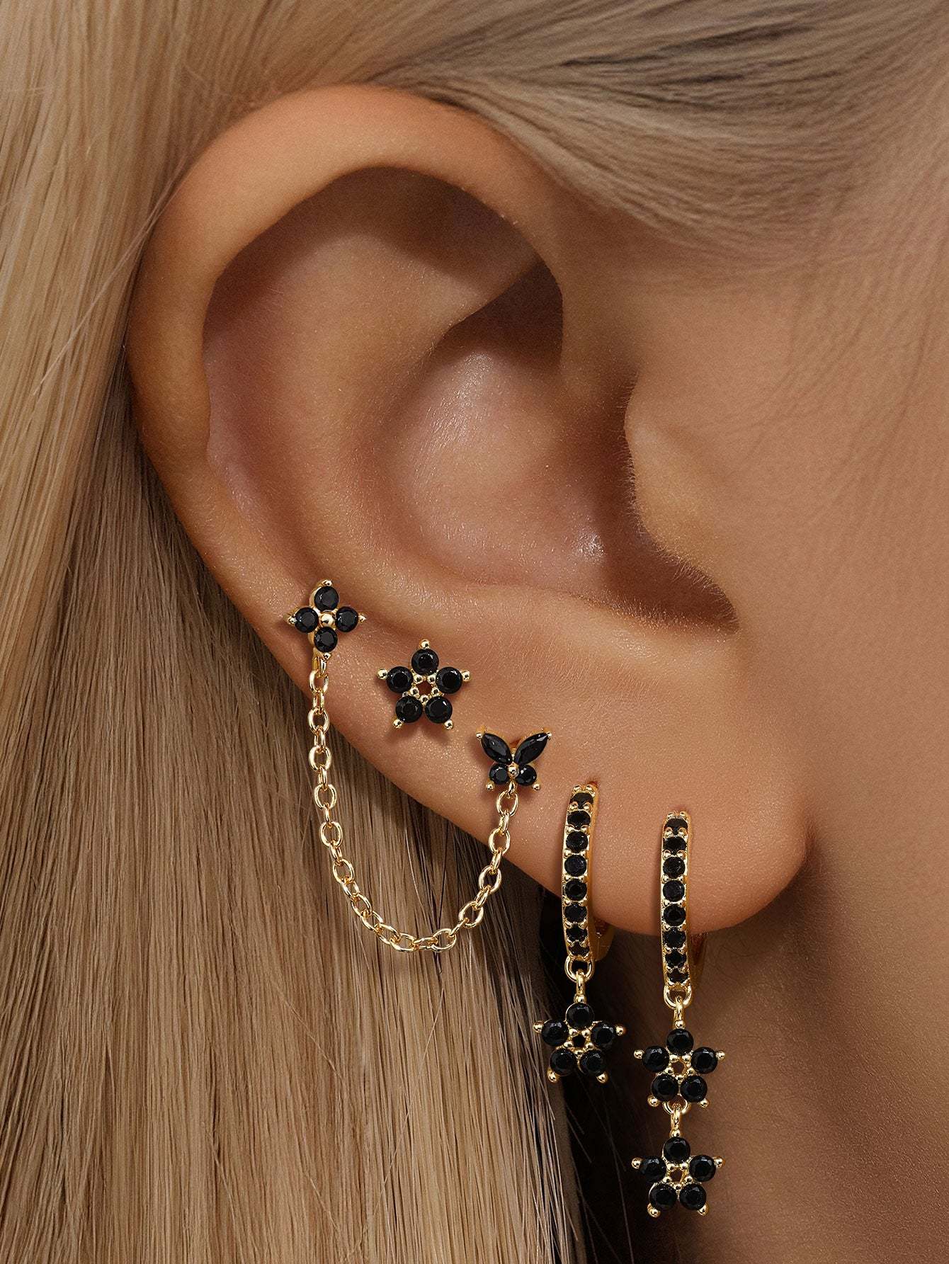 S925 Black Zirconia Flower Fashion Elegant Studs Hoops Earring-Olarajewelry