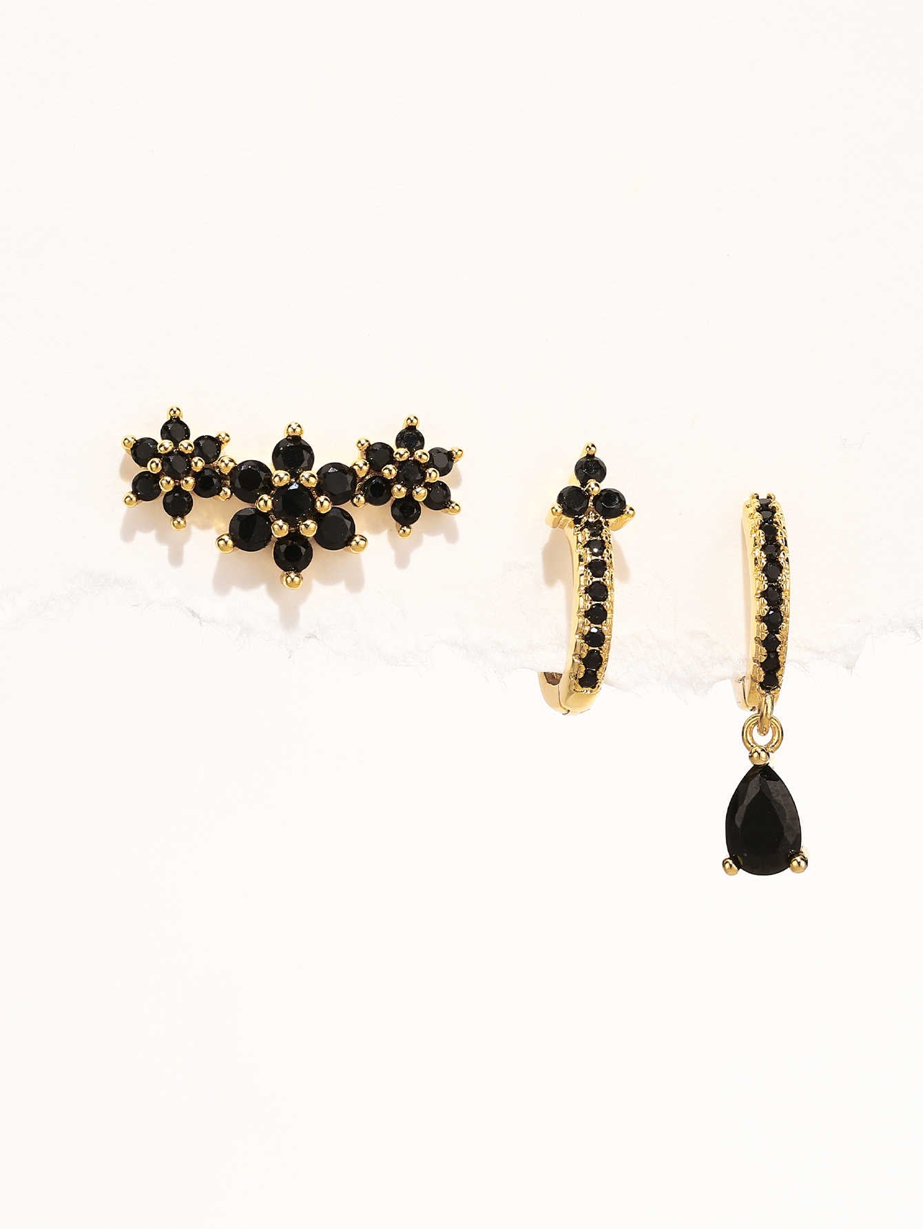 S925 Shiny Obsidian Flower Stud Earrings Set-Olarajewelry