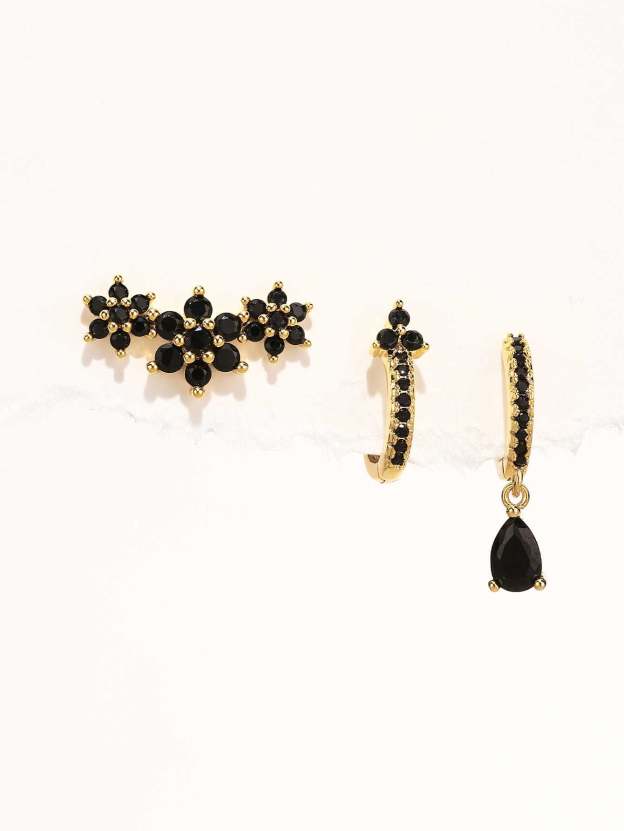 S925 Shiny Obsidian Flower Stud Earrings Set-Olarajewelry