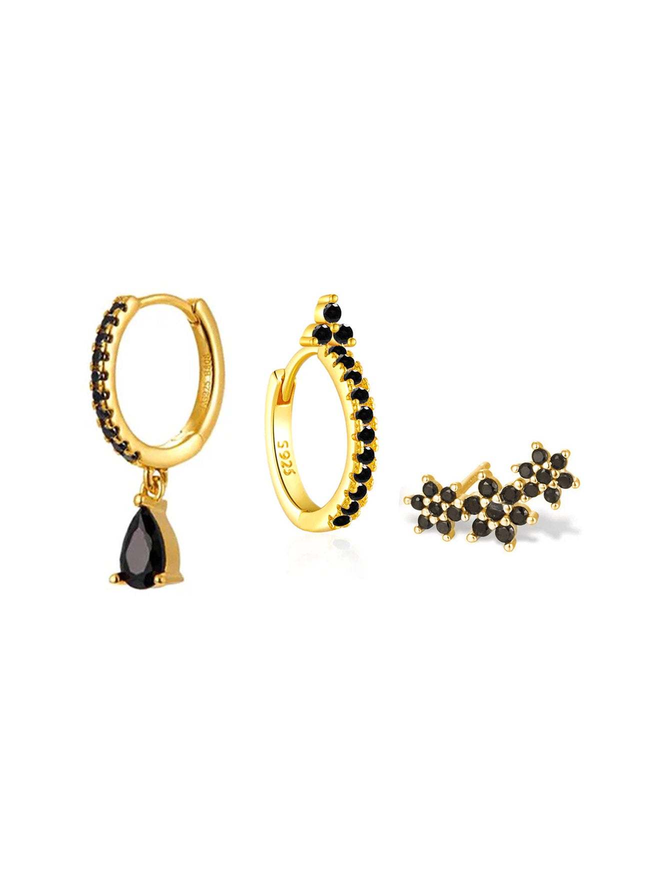 S925 Shiny Obsidian Flower Stud Earrings Set-Olarajewelry