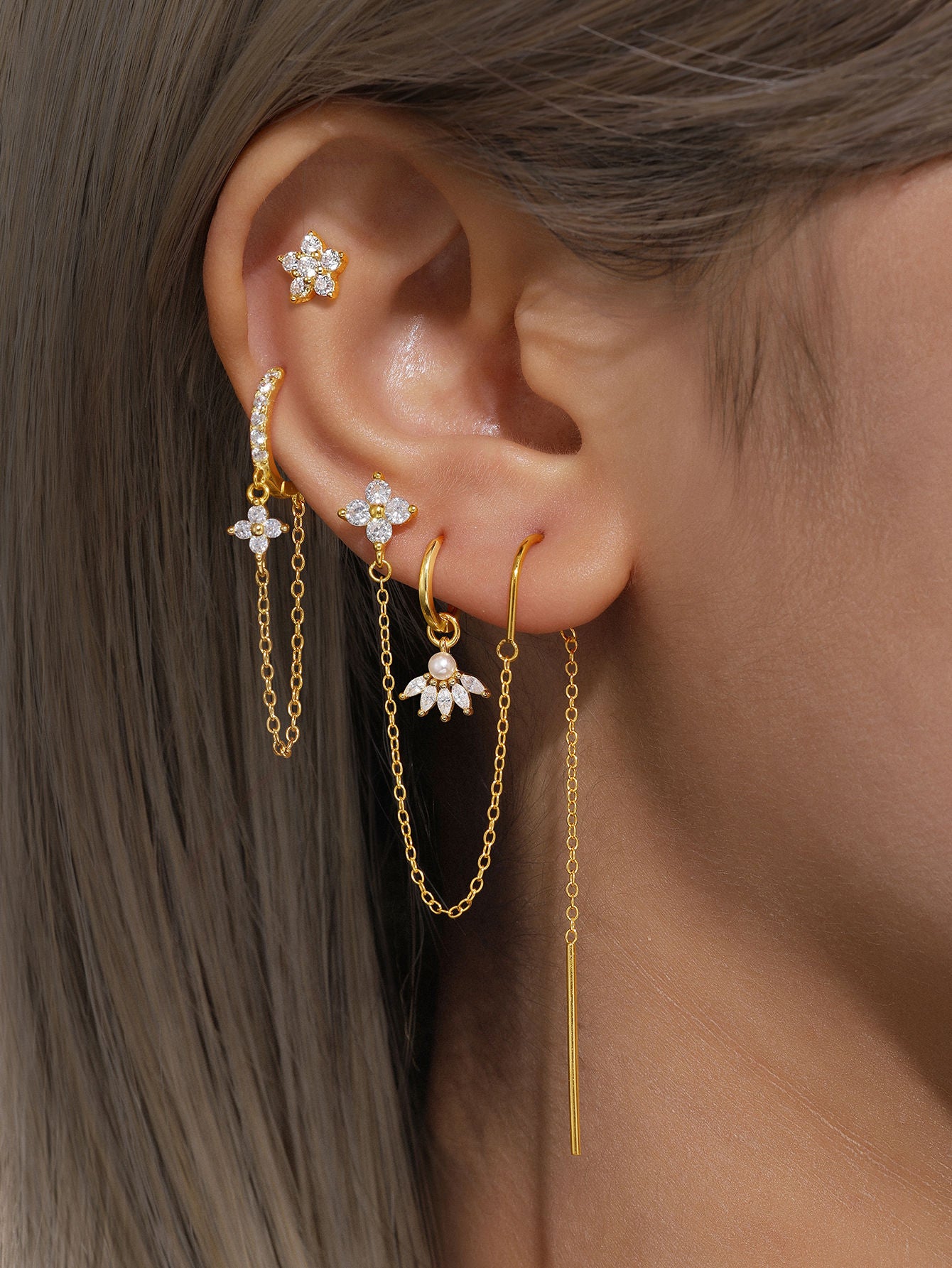 S925 Chain Flower Zircon Earrings-Olarajewelry