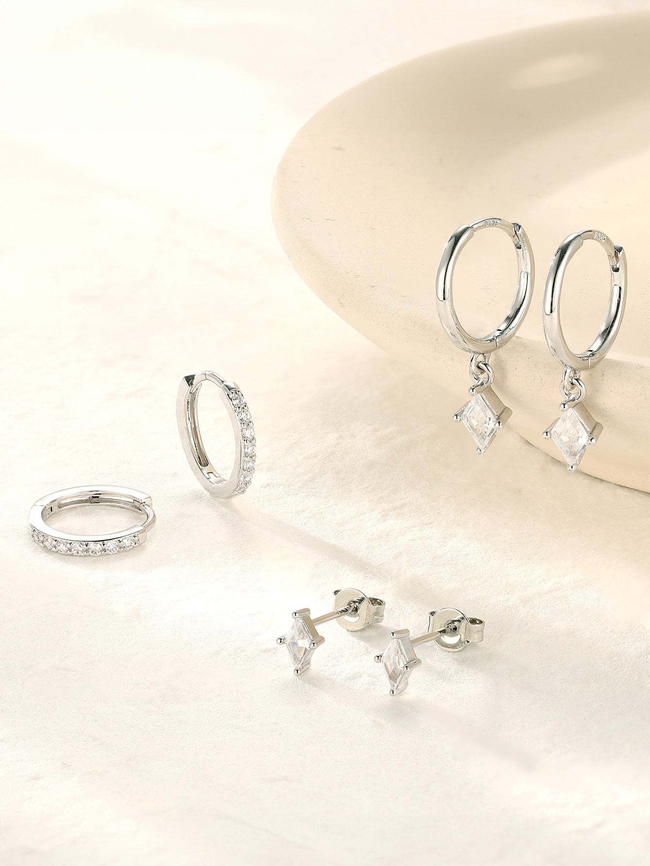 Quadrilateral Pendant Zirconia 3-Piece Earrings-Olarajewelry