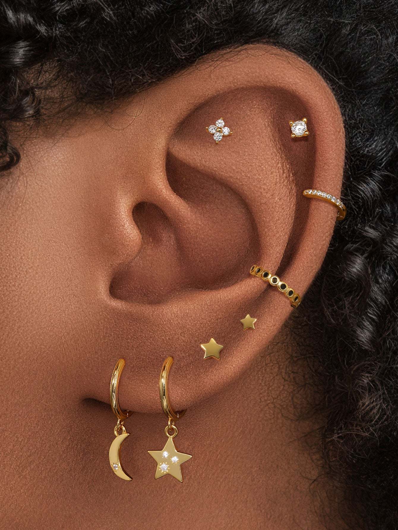 S925 Four-Leaf Clover Zircon Crown Double-Sided Ear Piercing Stud-Olarajewelry