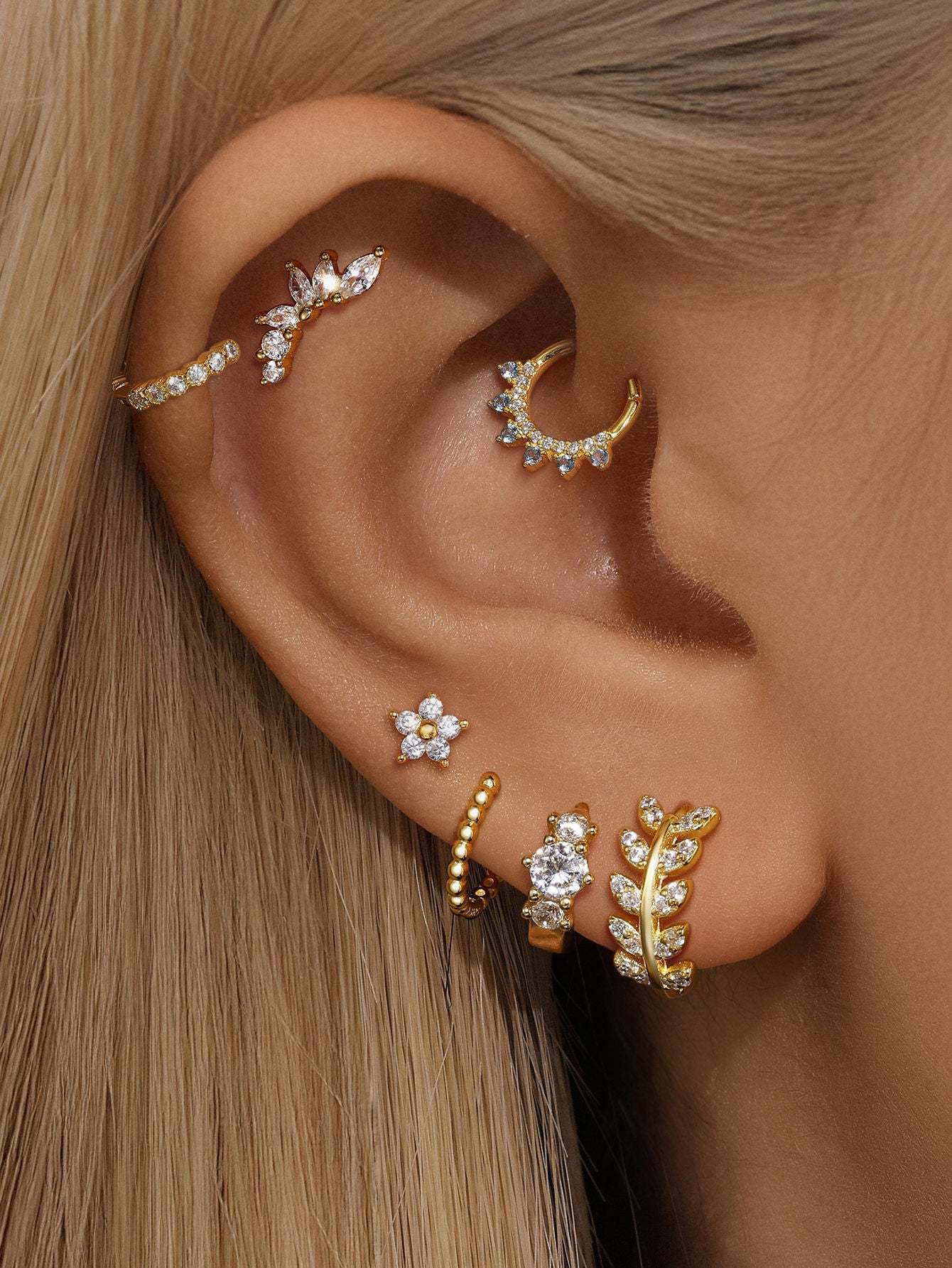 S925 Leaf Zircon Cartilage Lobe-Olarajewelry