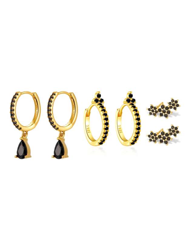 S925 Shiny Obsidian Flower Stud Earrings Set-Olarajewelry