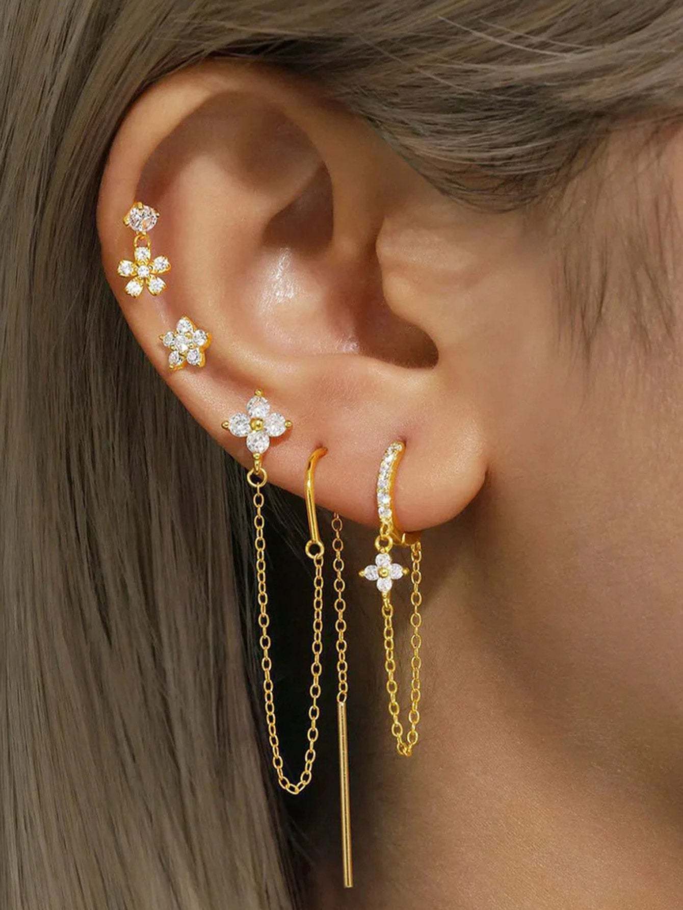S925 4 Piece Chain Zircon Stud Hoop Earring Set Series-Olarajewelry