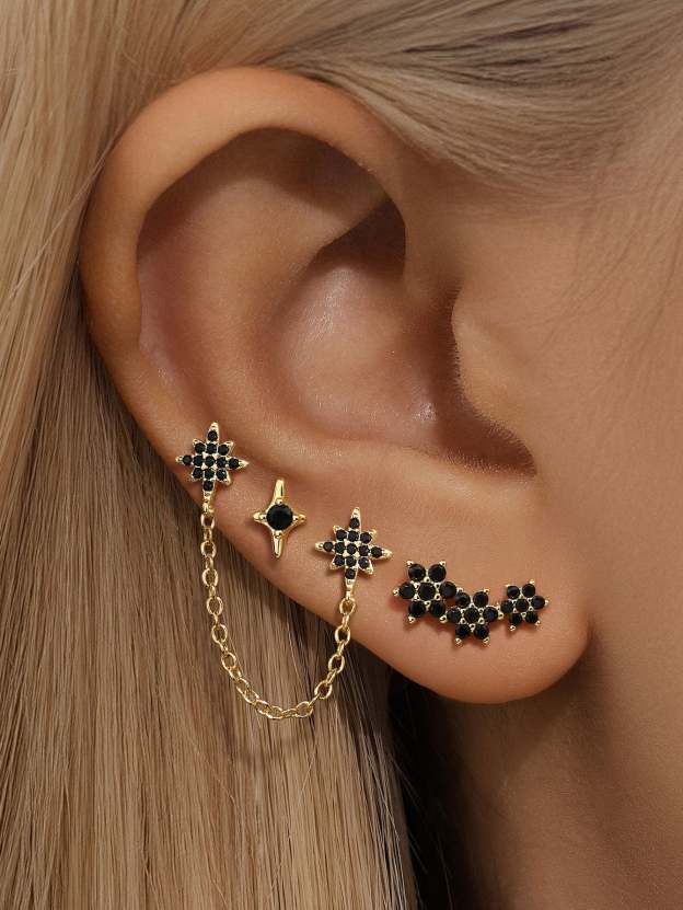 S925 Black Double Flower Chain Elegant Stud Earrings-Olarajewelry