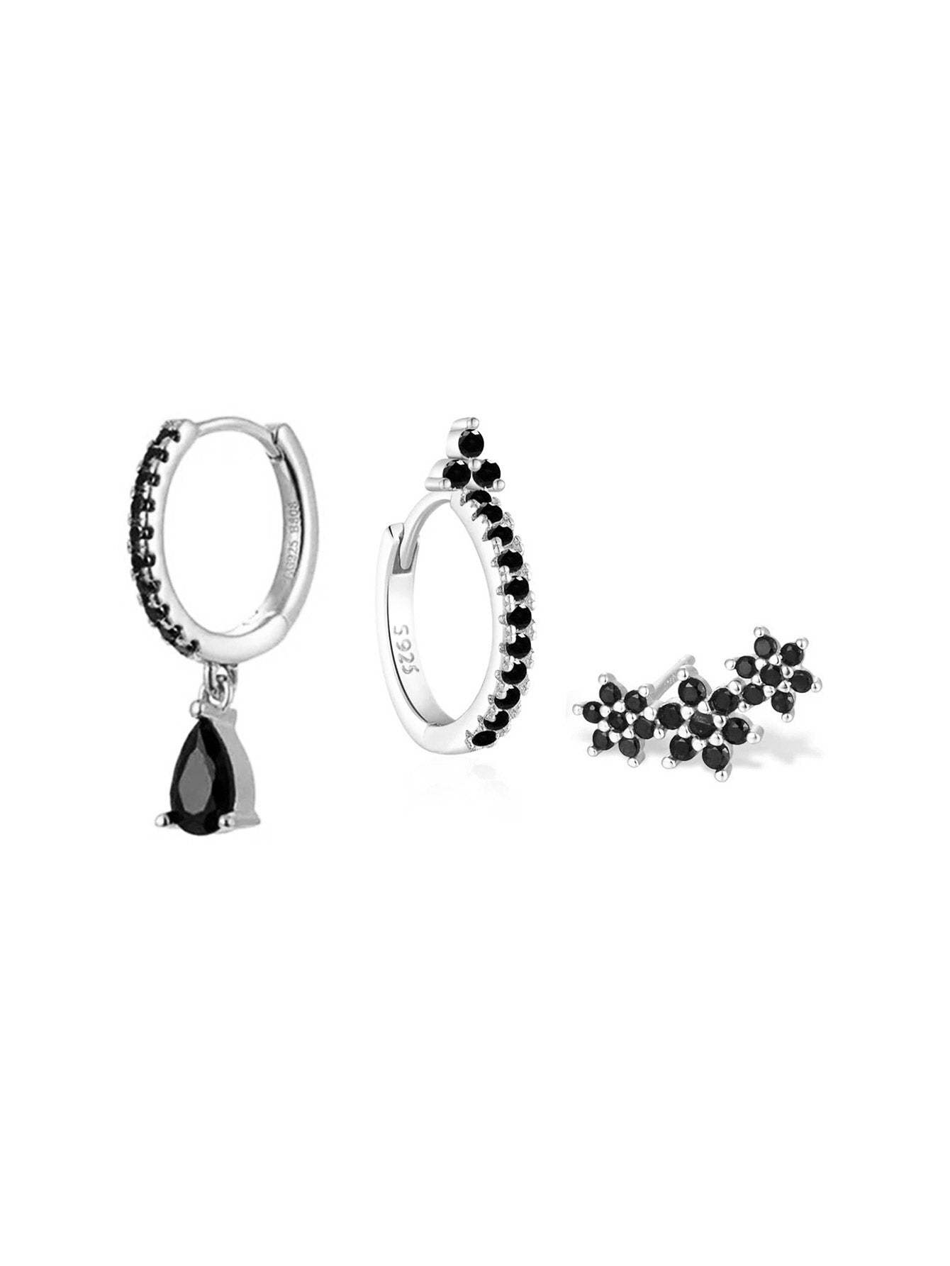 S925 Shiny Obsidian Flower Stud Earrings Set-Olarajewelry
