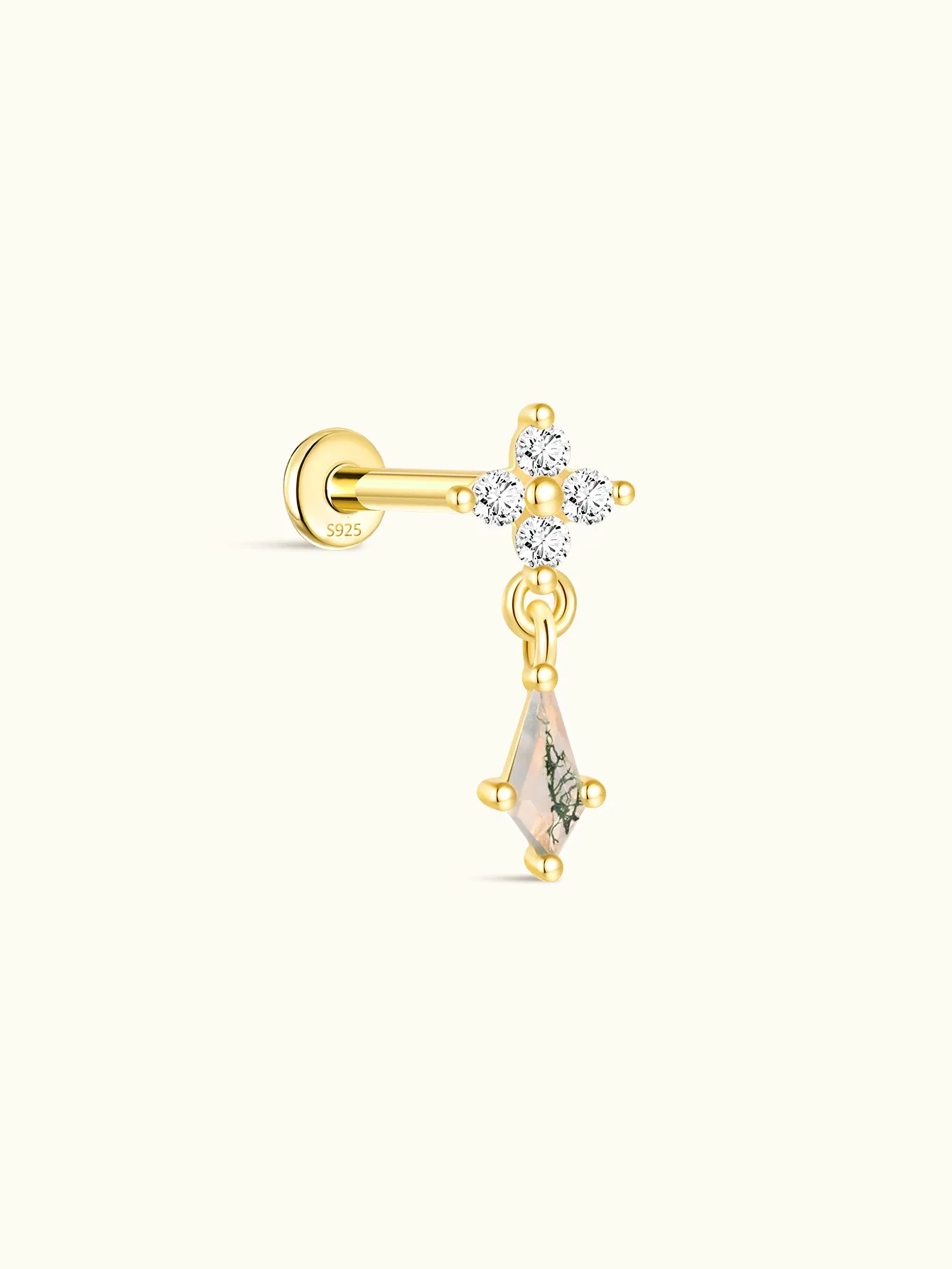 S925 Moss Agate Flower Flatback Stud