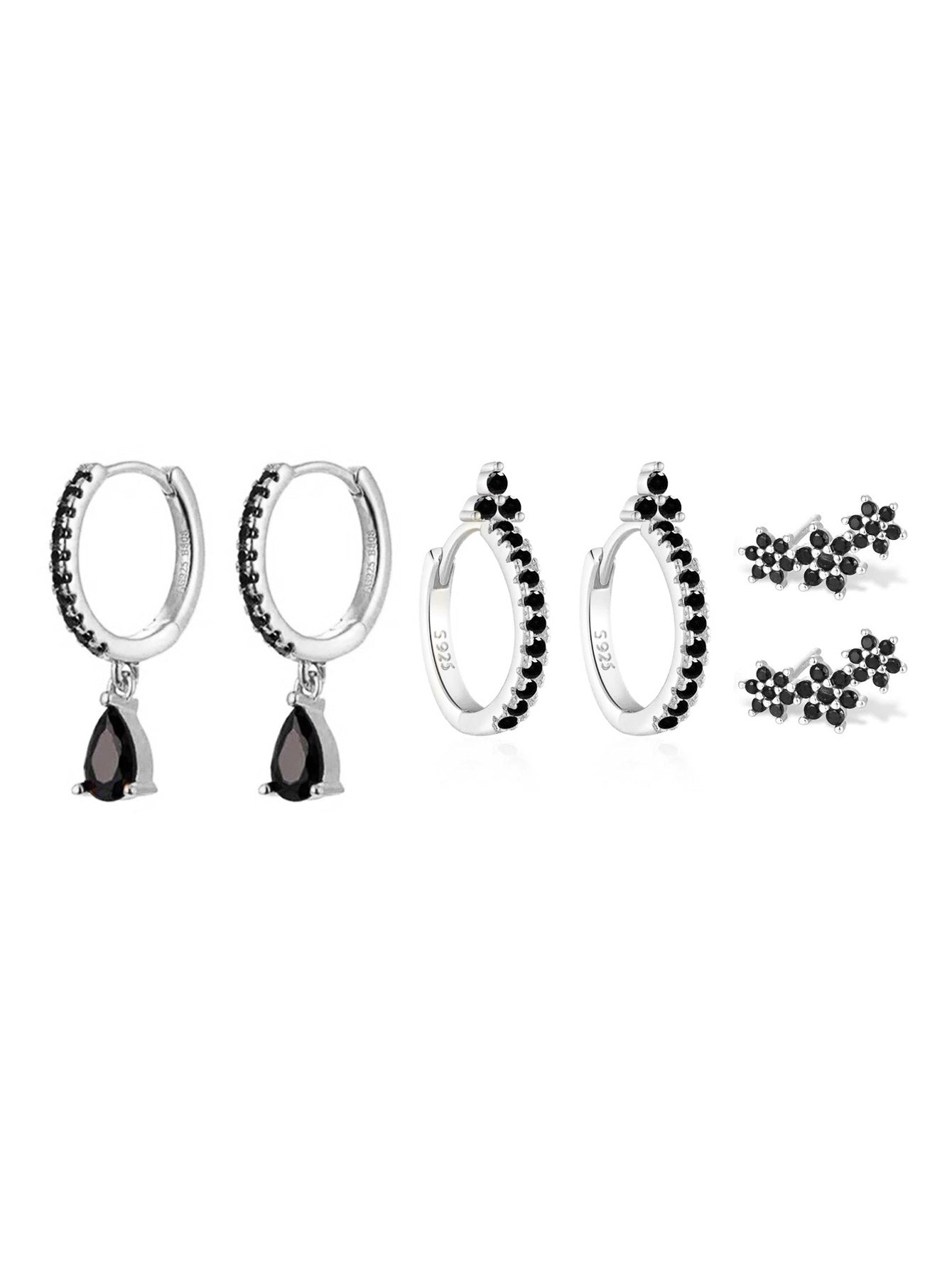S925 Shiny Obsidian Flower Stud Earrings Set-Olarajewelry