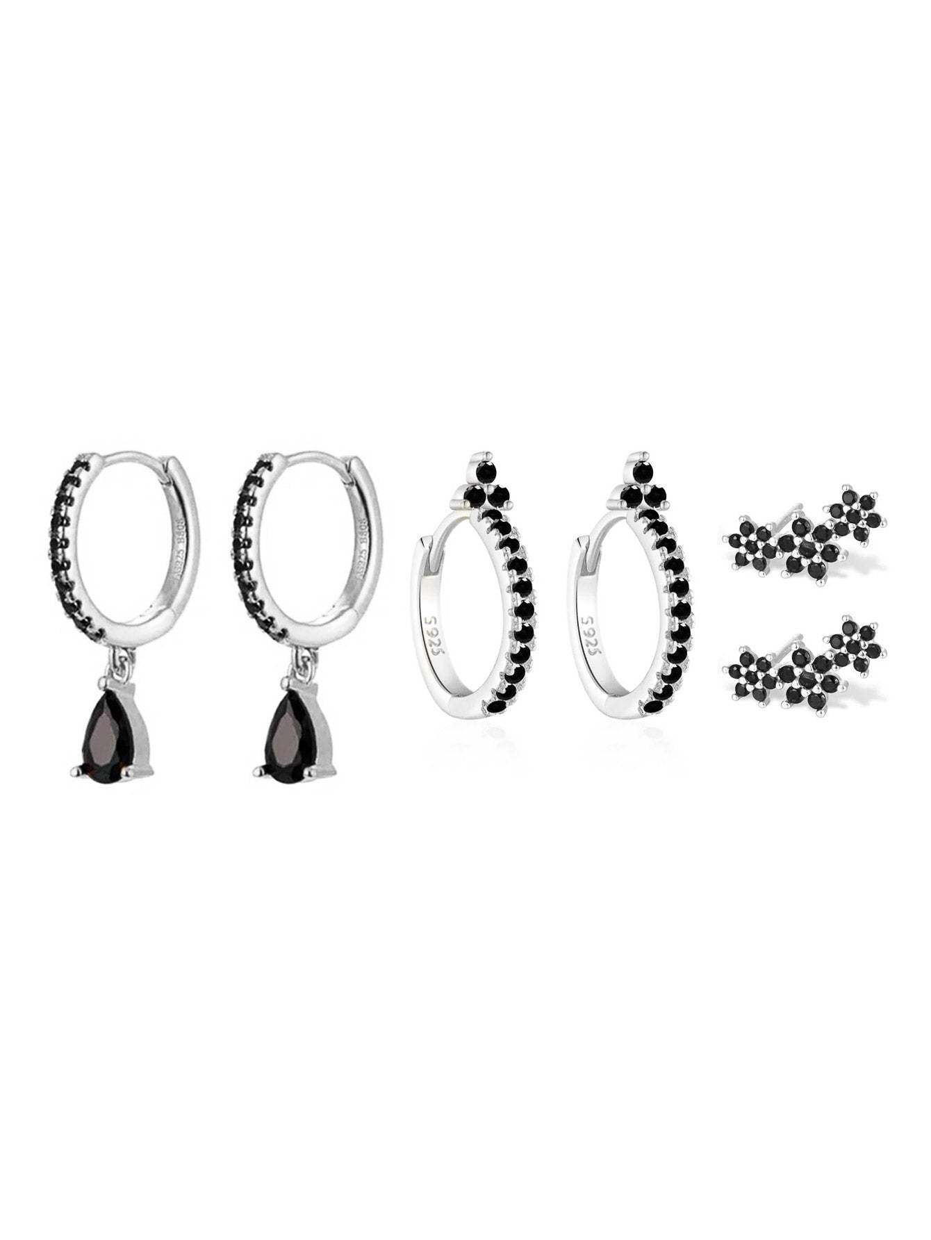 S925 Shiny Obsidian Flower Stud Earrings Set-Olarajewelry