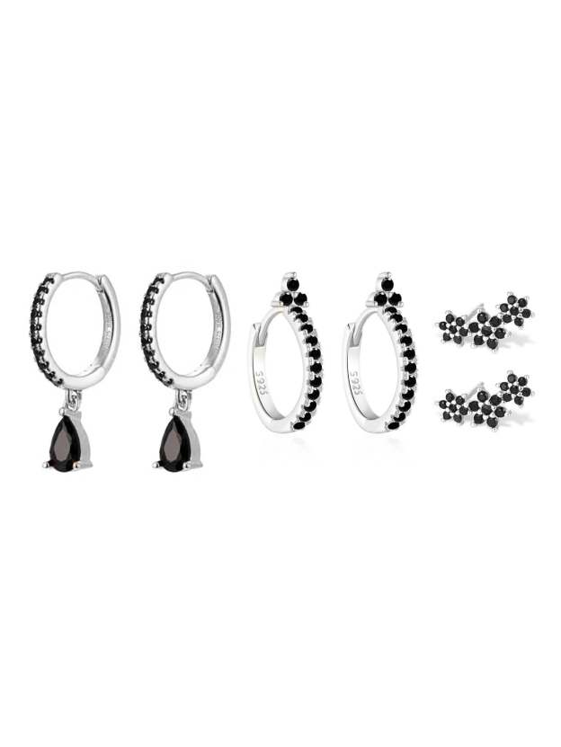 S925 Shiny Obsidian Flower Stud Earrings Set-Olarajewelry