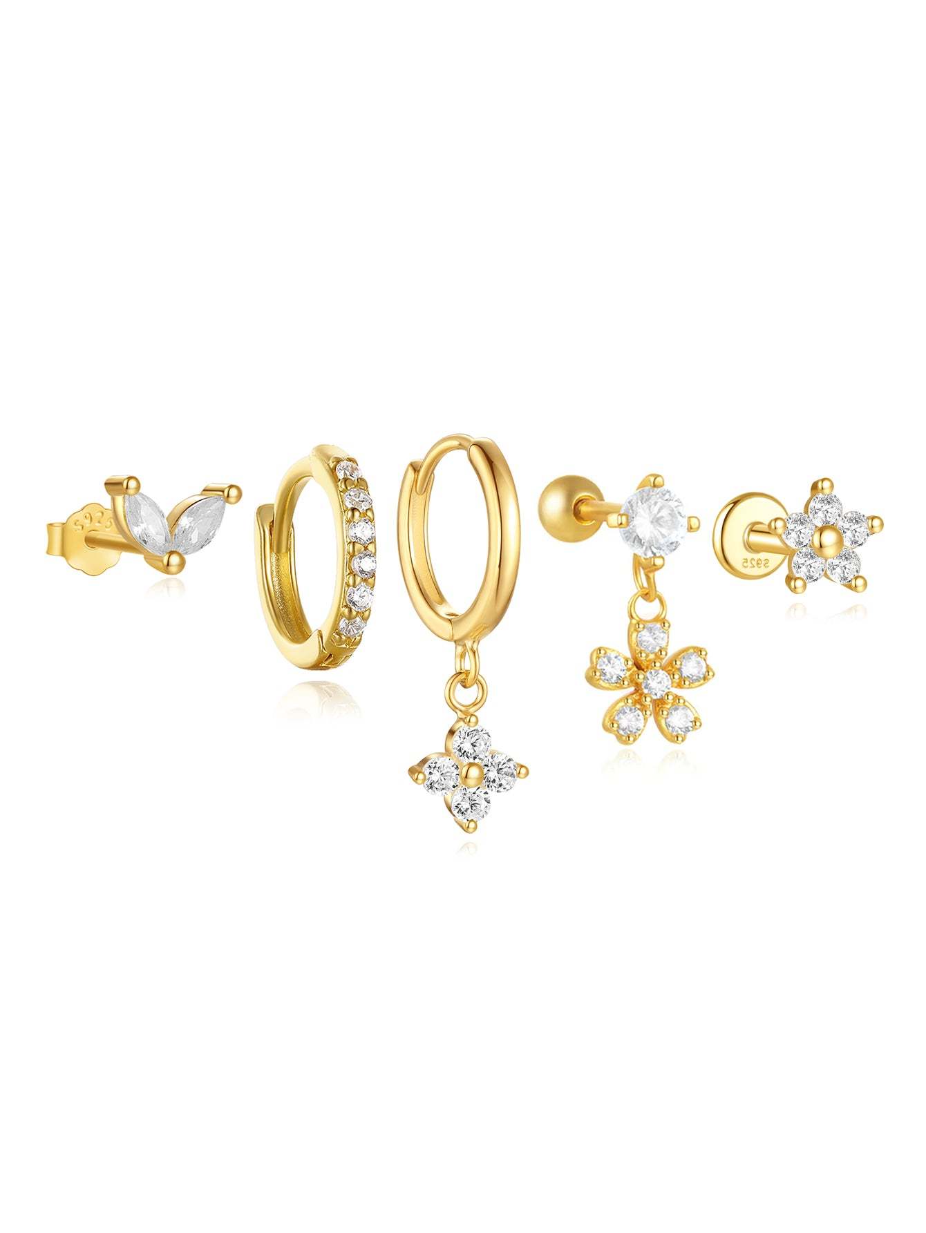 S925 5 Pieces Fresh Flower Zircon Stud Earring Set-Olarajewelry
