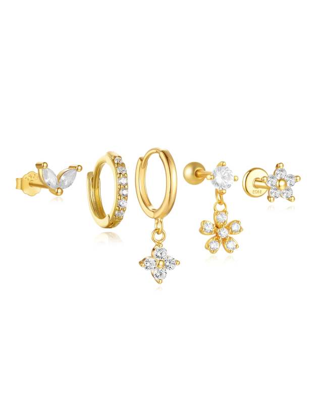 S925 5 Pieces Fresh Flower Zircon Stud Earring Set-Olarajewelry