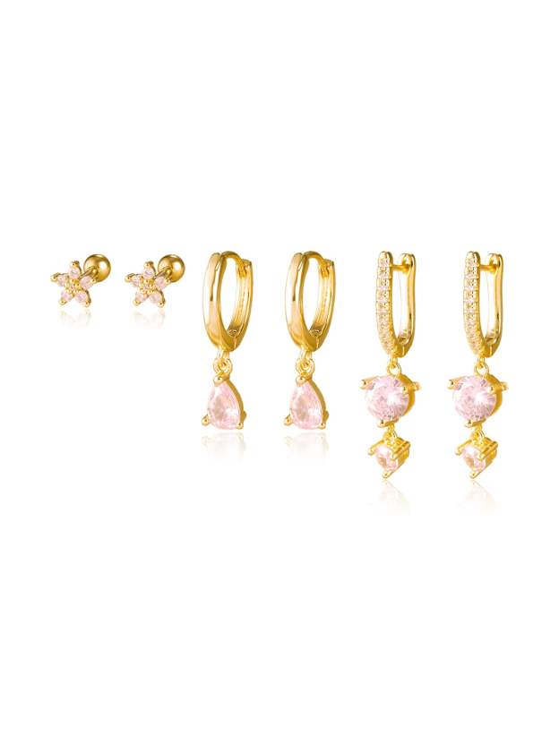 S925 Pink Water Drop Shape Lobe Earring Set-Olarajewelry