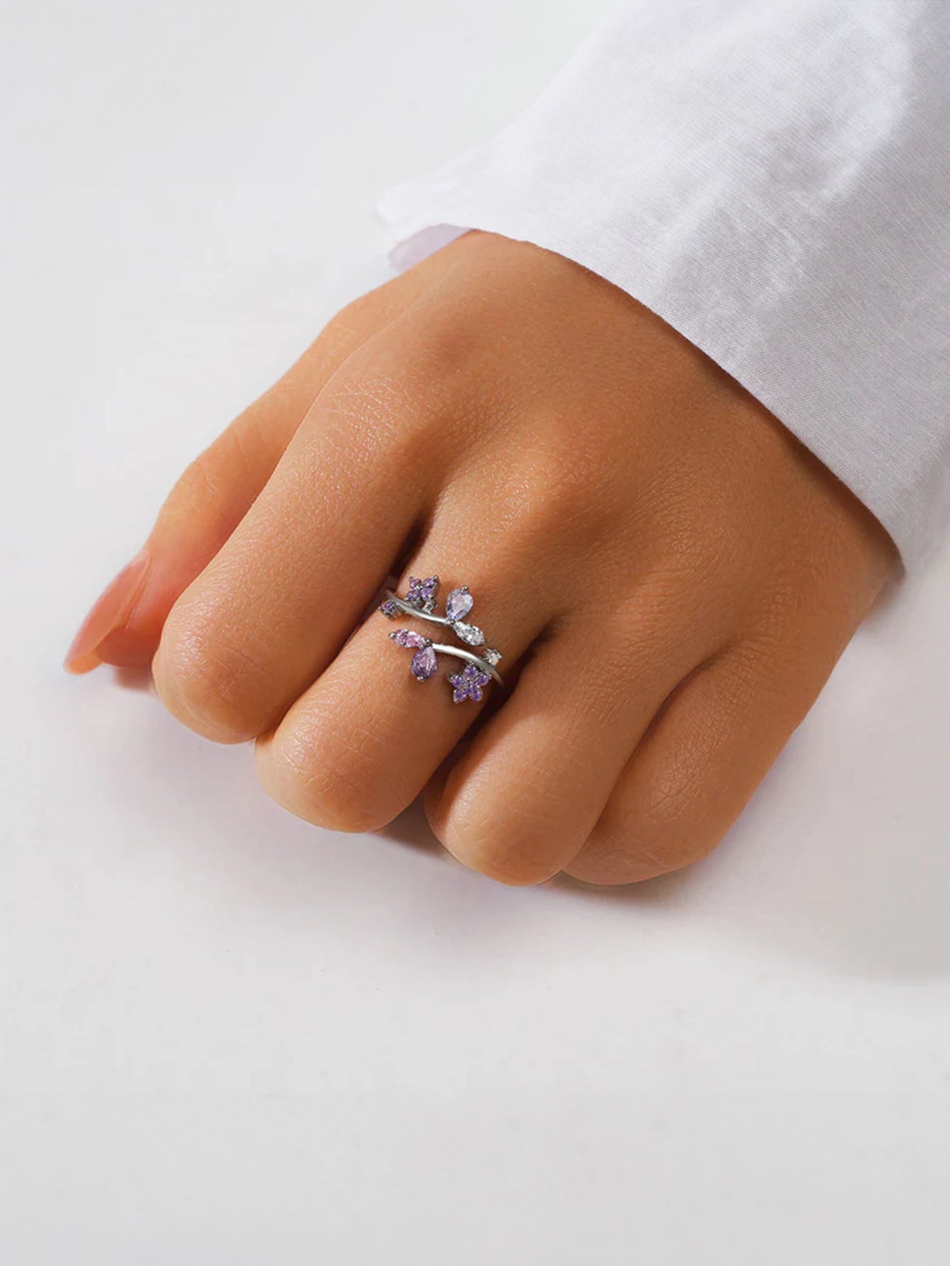 S925 Sterling Silver Flower Purple Zircon Open Ring-Olarajewelry