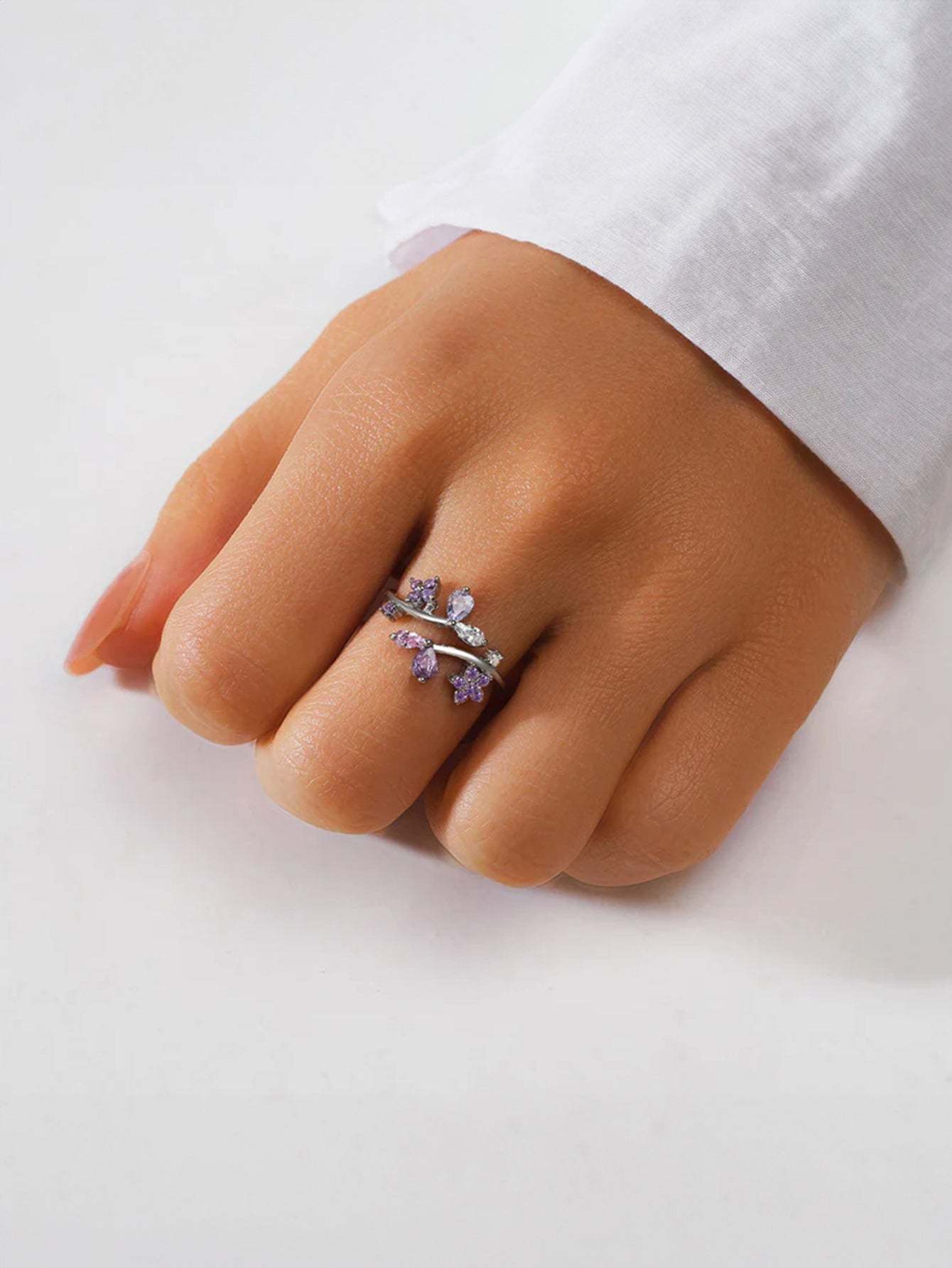 S925 Sterling Silver Flower Purple Zircon Open Ring-Olarajewelry