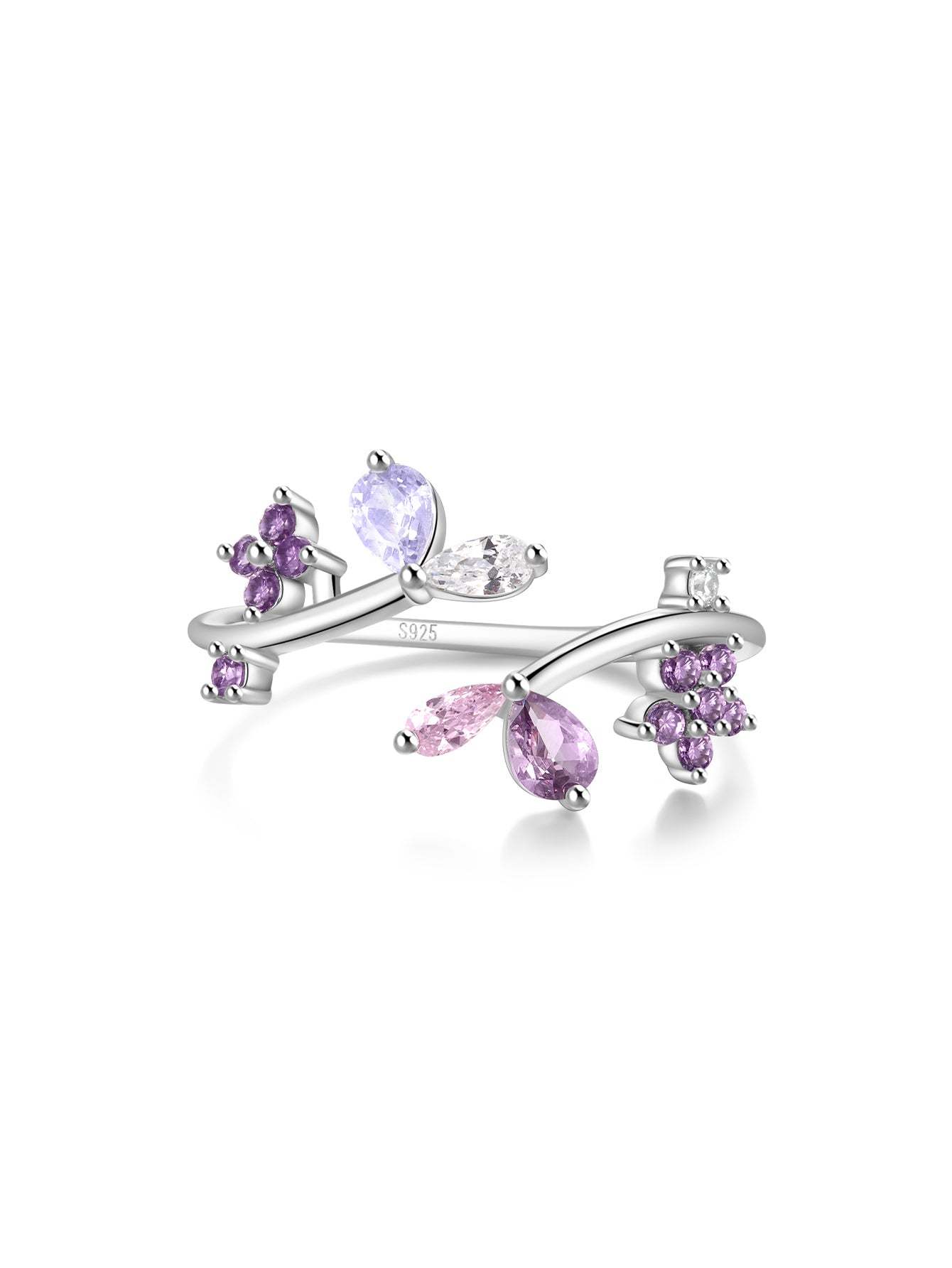 S925 Sterling Silver Flower Purple Zircon Open Ring-Olarajewelry