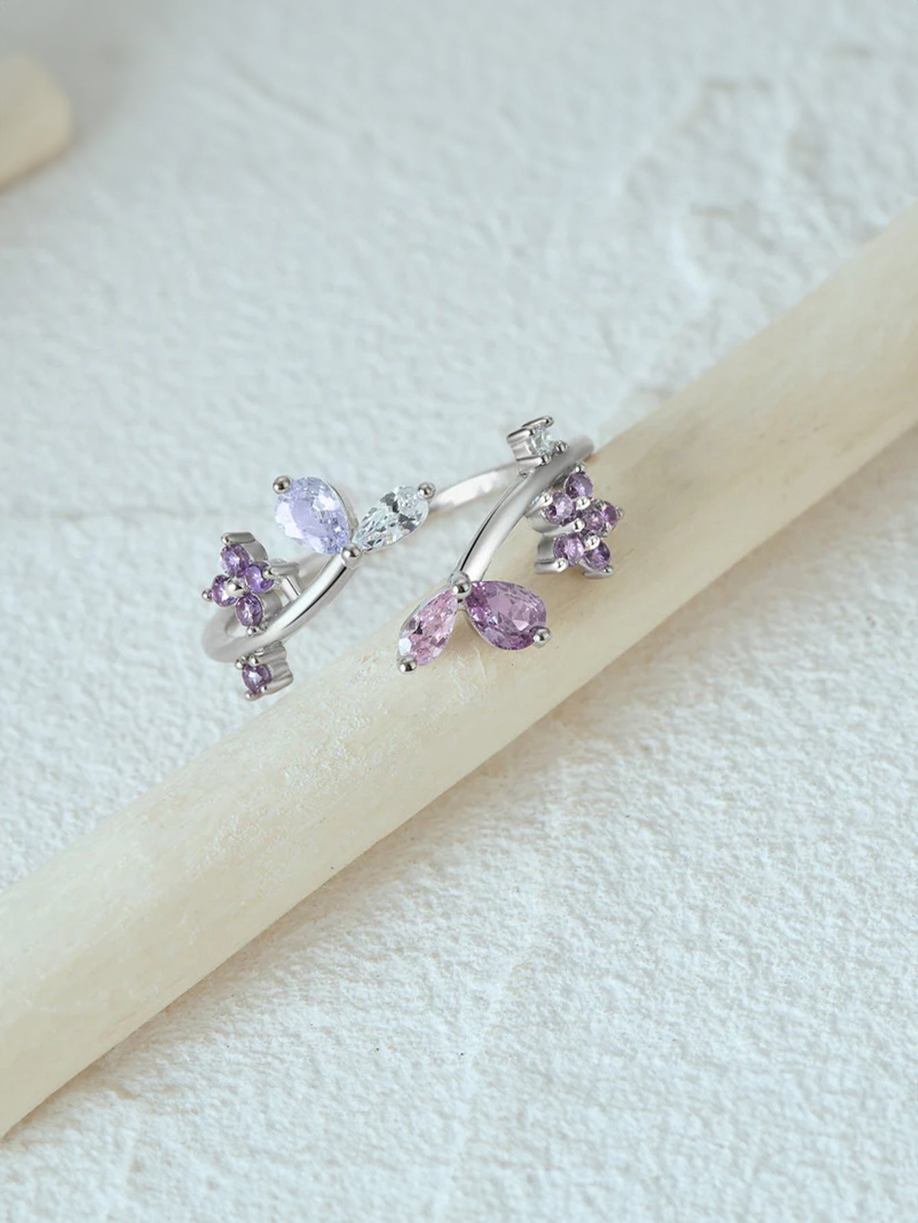 S925 Sterling Silver Flower Purple Zircon Open Ring-Olarajewelry