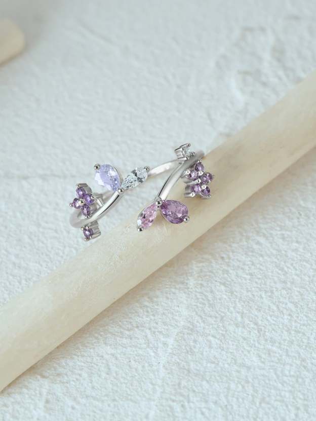 S925 Sterling Silver Flower Purple Zircon Open Ring-Olarajewelry