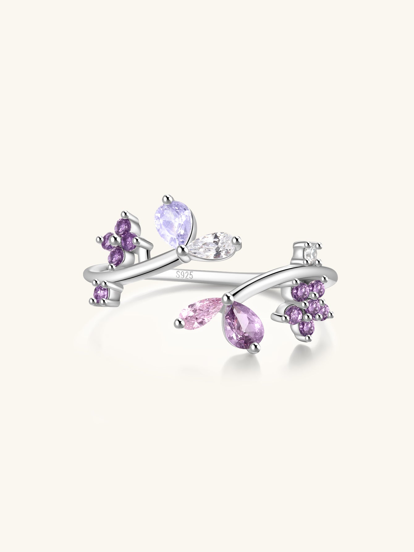 S925 Sterling Silver Flower Purple Zircon Open Ring-Olarajewelry