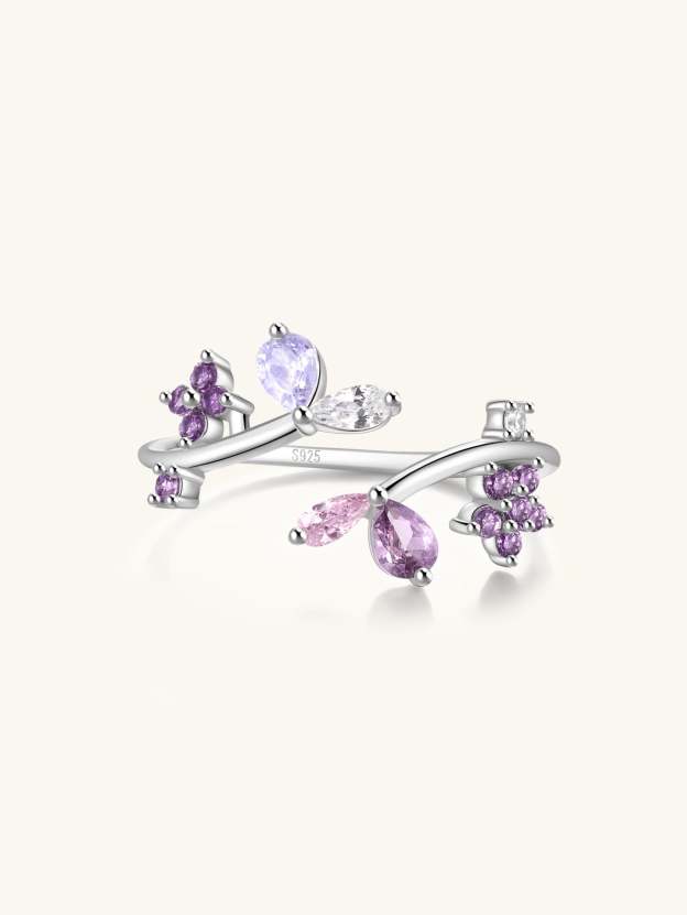 S925 Sterling Silver Flower Purple Zircon Open Ring-Olarajewelry