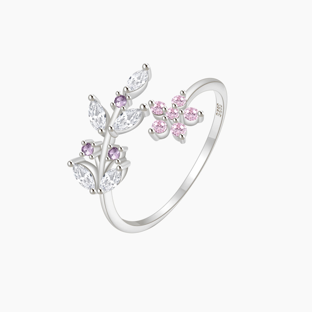 Olara 925 Sterling Silver Pink Zircon Flower Open Adjustable Ring-Olarajewelry