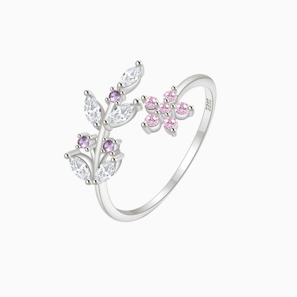 Olara 925 Sterling Silver Pink Zircon Flower Open Adjustable Ring-Olarajewelry