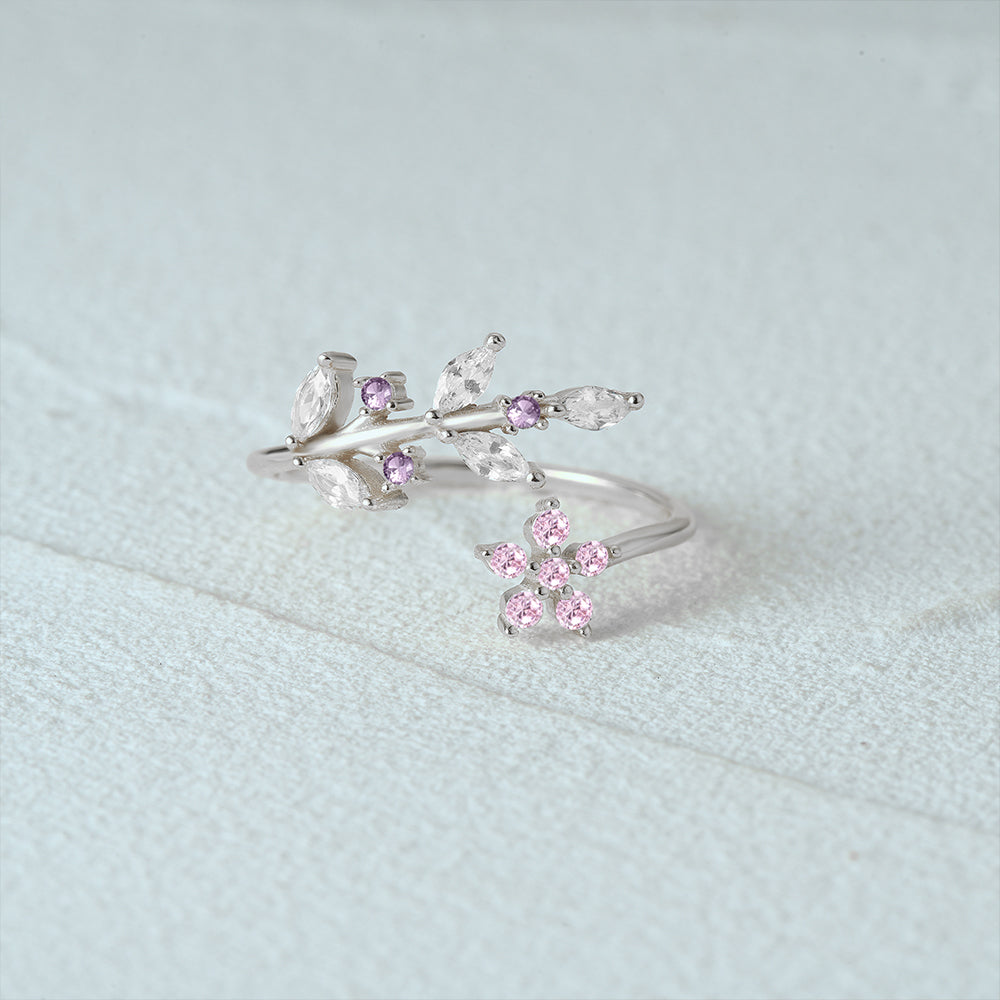 Olara 925 Sterling Silver Pink Zircon Flower Open Adjustable Ring-Olarajewelry