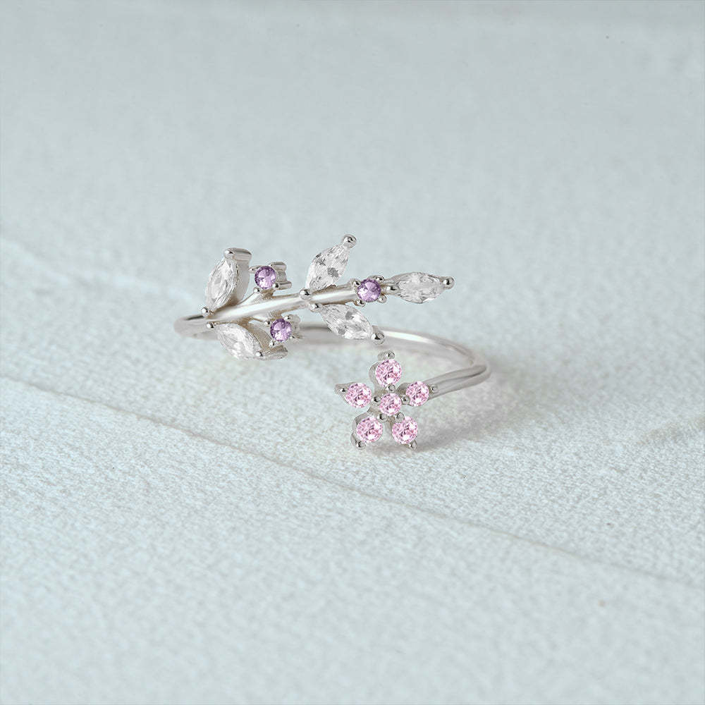 Olara 925 Sterling Silver Pink Zircon Flower Open Adjustable Ring-Olarajewelry