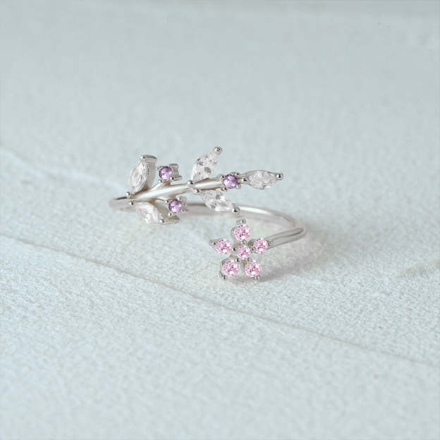 Olara 925 Sterling Silver Pink Zircon Flower Open Adjustable Ring-Olarajewelry