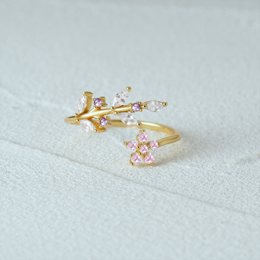 Olara 925 Sterling Silver Pink Zircon Flower Open Adjustable Ring-Olarajewelry