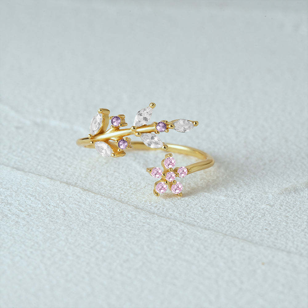 Olara 925 Sterling Silver Pink Zircon Flower Open Adjustable Ring-Olarajewelry