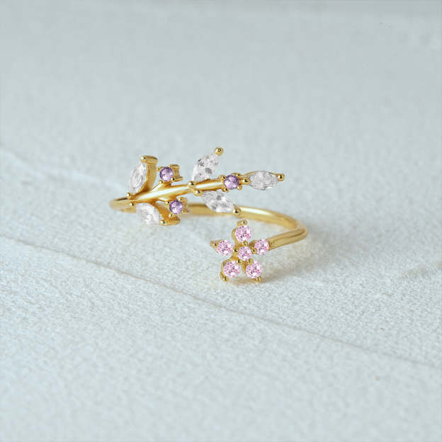 Olara 925 Sterling Silver Pink Zircon Flower Open Adjustable Ring-Olarajewelry
