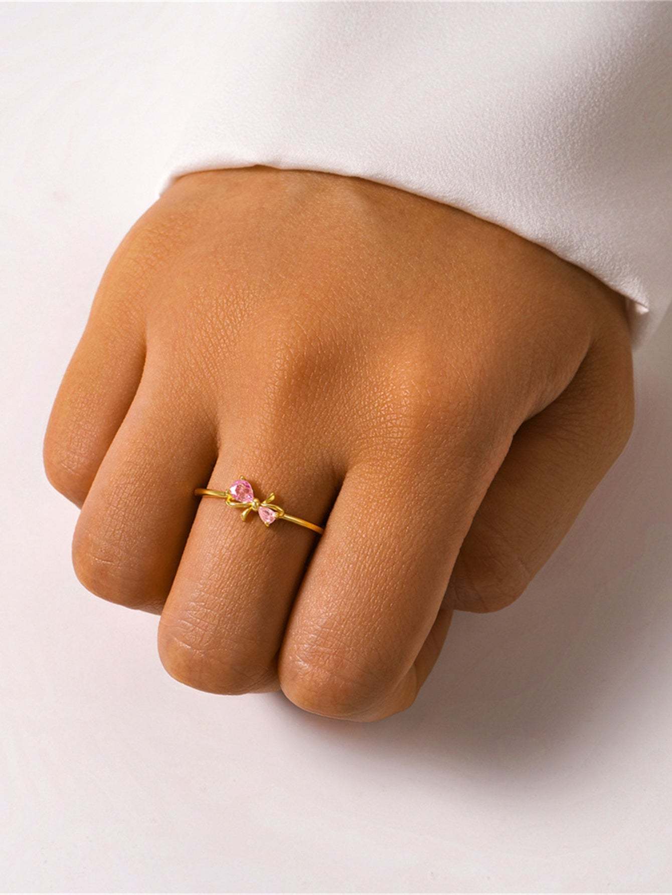 S925 Bowknot Pink Zircon Girls Elegant Open Adjustable Ring-Olarajewelry