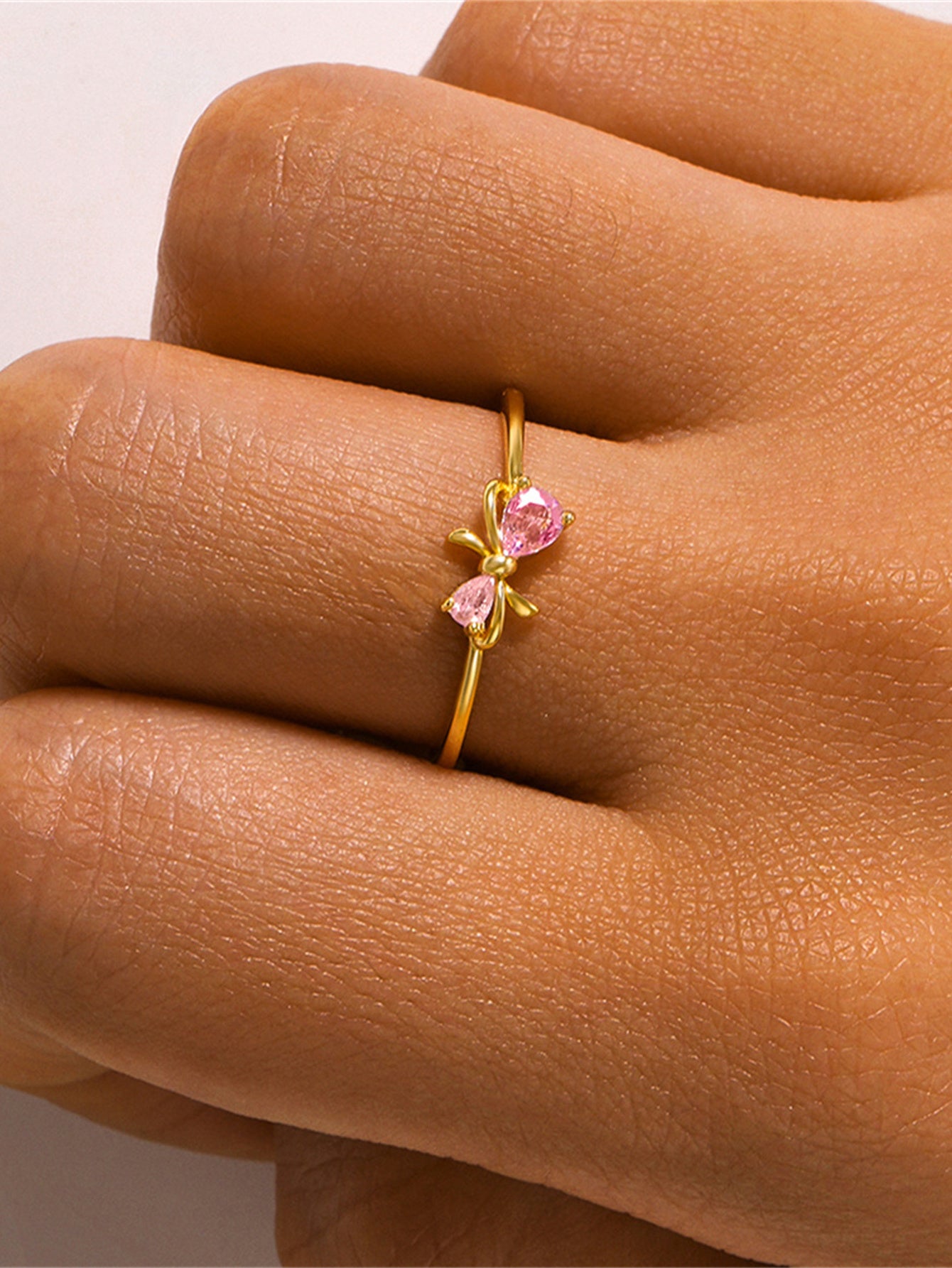 S925 Bowknot Pink Zircon Girls Elegant Open Adjustable Ring-Olarajewelry