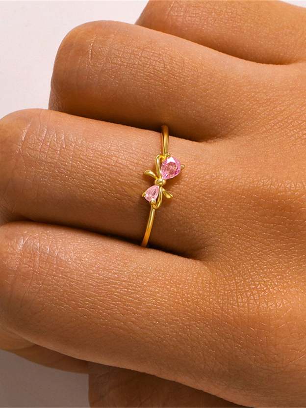S925 Bowknot Pink Zircon Girls Elegant Open Adjustable Ring-Olarajewelry