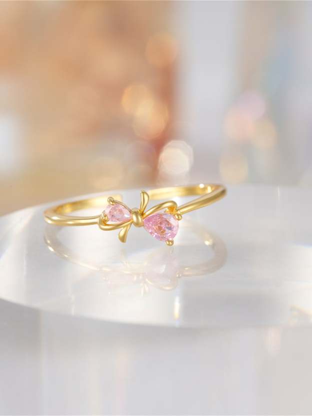S925 Bowknot Pink Zircon Girls Elegant Open Adjustable Ring-Olarajewelry