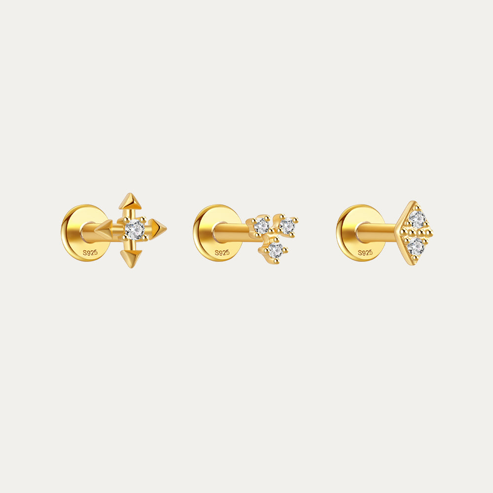 S925 Small Three Zirconia Ear Piercing Stud-Olarajewelry
