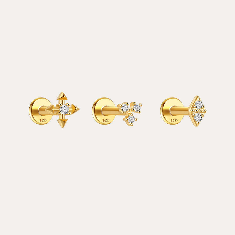 S925 Small Three Zirconia Ear Piercing Stud-Olarajewelry